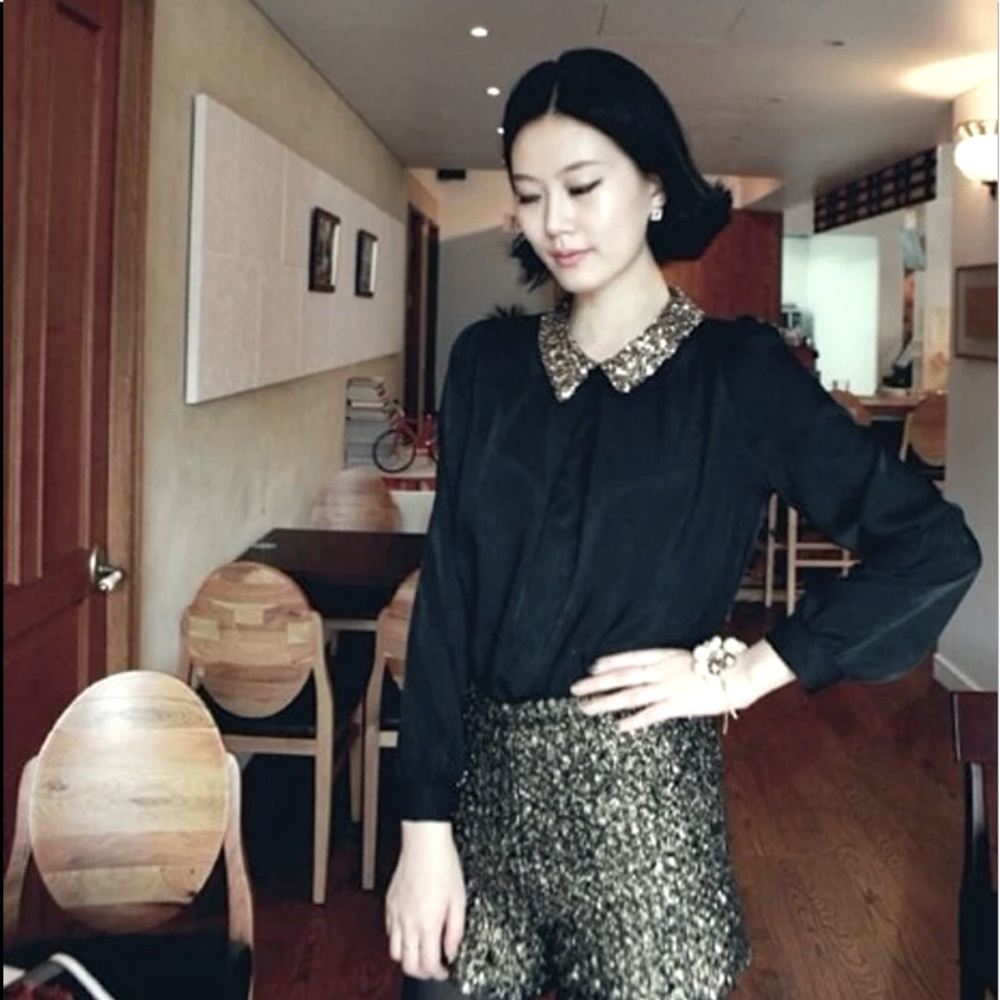 Black top with gold sequin collar